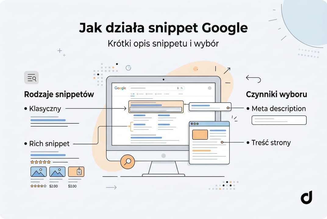 Infografika przedstawiająca typy snippetów oraz kluczowe kryteria ich wyboru