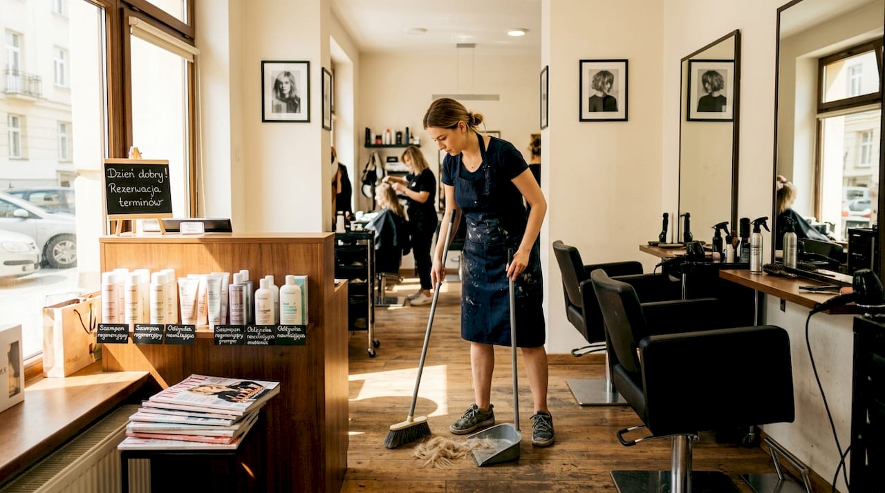 Fryzjerka sprząta po intensywnym dniu pracy w ruchliwym salonie.