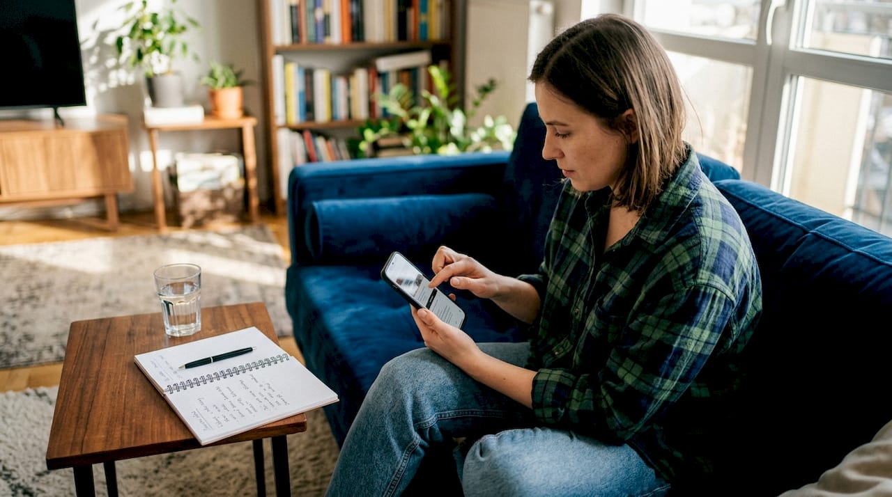 Kobieta sprawdza, jak działa nawigacja na stronie internetowej korzystając ze smartfona.