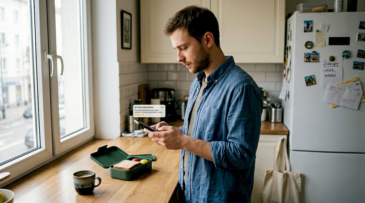 Mężczyzna przegląda opinie o firmie na swoim smartfonie.