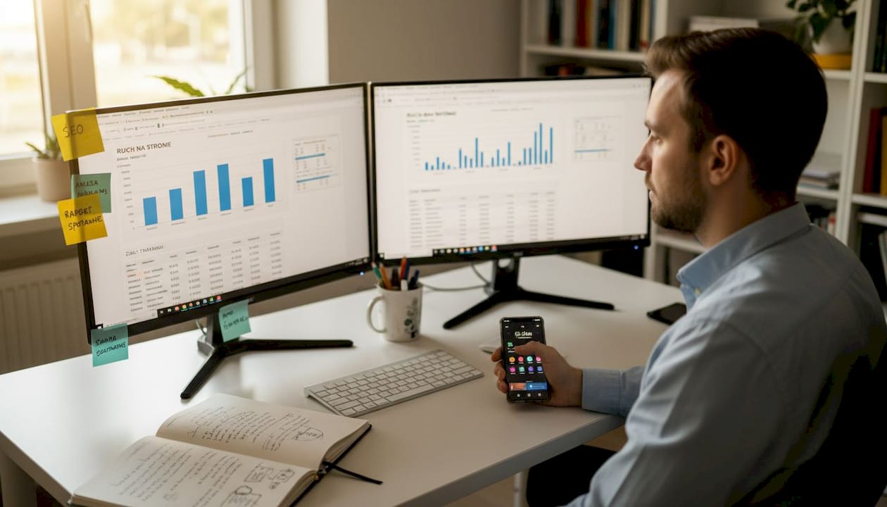 Specjalista SEO przy biurku analizuje ruch na stronie internetowej.