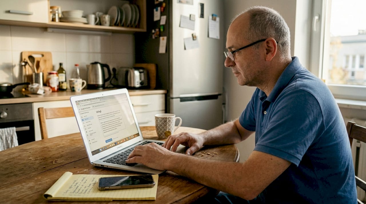 Mężczyzna aktualizuje słowa kluczowe w wizytówce Google Moja Firma