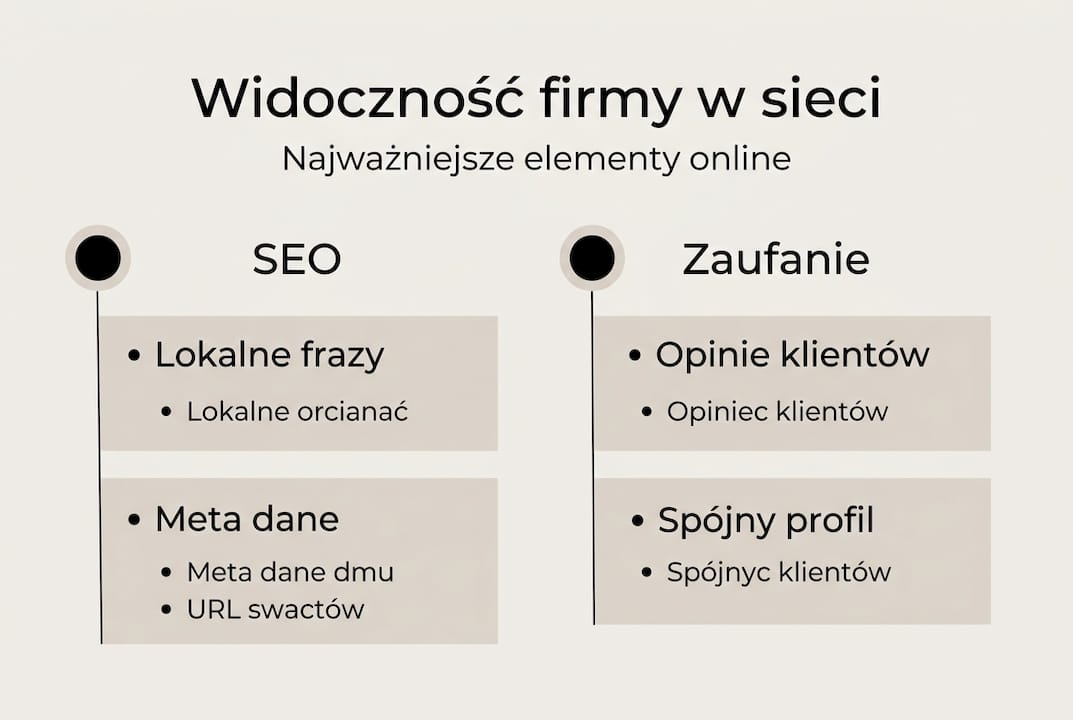 Grafika przedstawiająca kluczowe czynniki wpływające na widoczność firmy w internecie