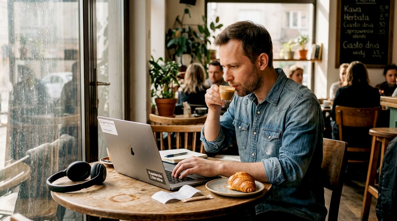 Mężczyzna siedzi przy stoliku w kawiarni i aktualizuje profil swojej firmy w Google.