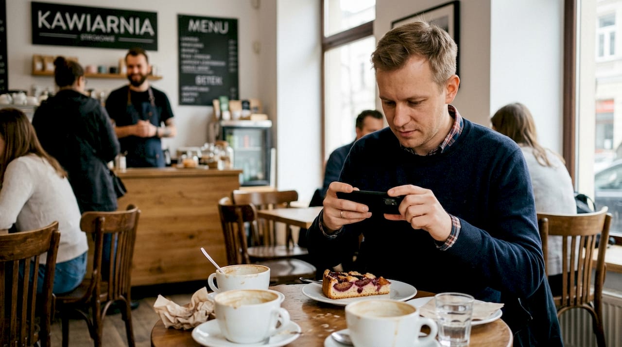 Gość robi zdjęcie swojego deseru w kawiarni, żeby pochwalić się nim na Instagramie.
