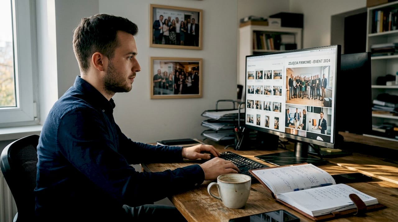 Właściciel firmy przegląda w internecie zdjęcia swojej działalności.