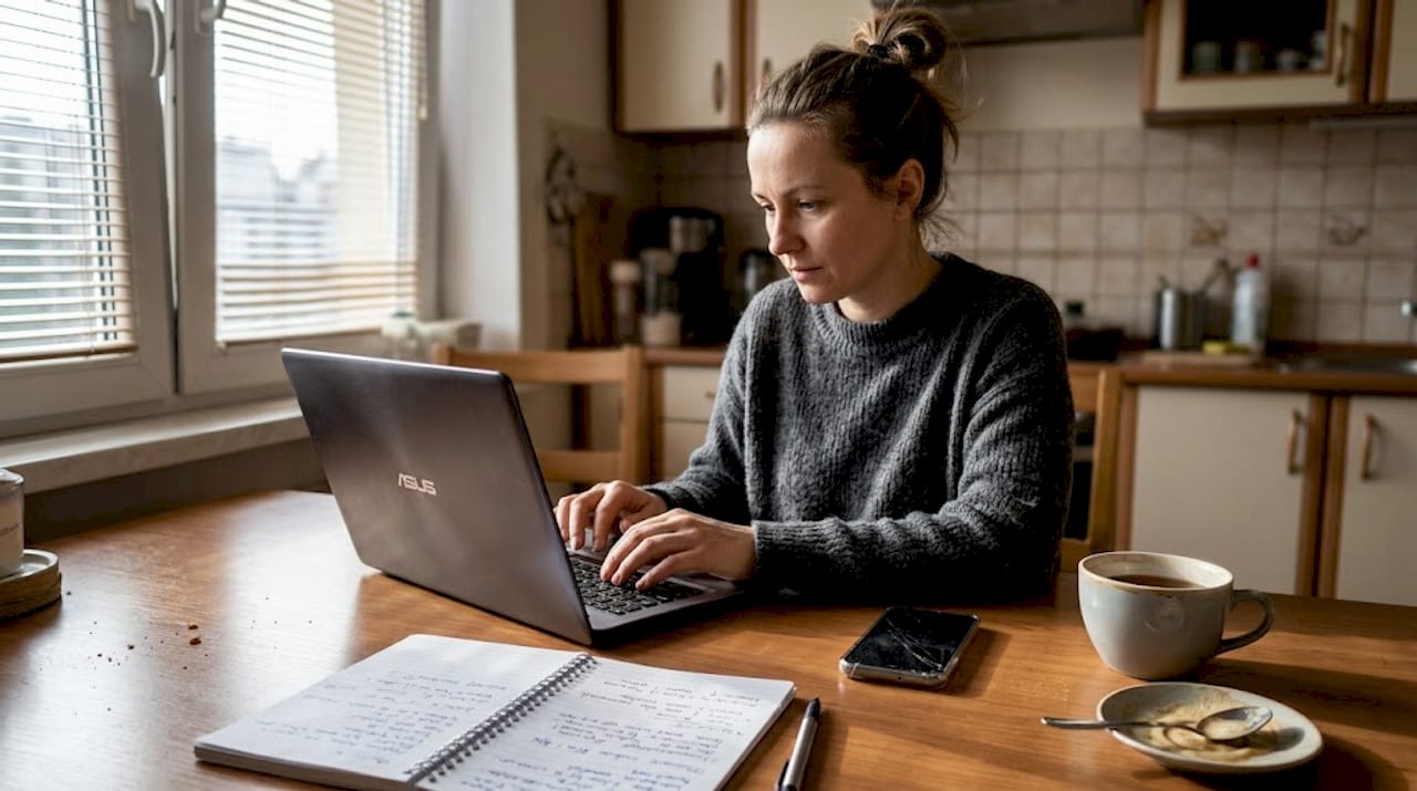 Kobieta siedzi przy kuchennym stole i odpisuje na internetową opinię.