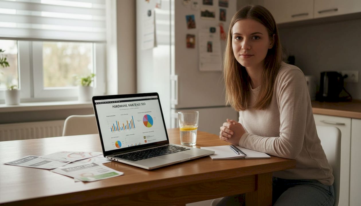 Kobieta analizuje i porównuje narzędzia SEO, pracując przy laptopie.