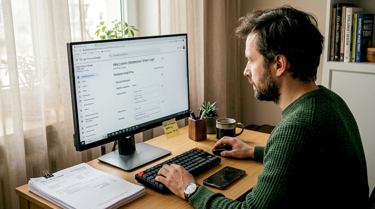 Mężczyzna pracujący z domu aktualizuje swój profil Google.