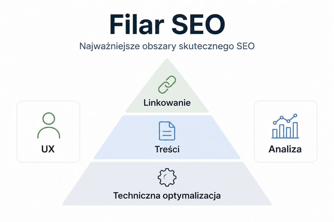 Infografika pokazująca kluczowe elementy skutecznego pozycjonowania stron