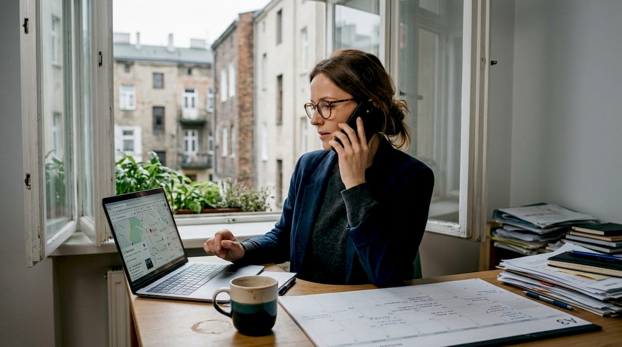 Kobieta biznesu prowadzi rozmowę telefoniczną, korzystając jednocześnie z Map Google na swoim smartfonie.