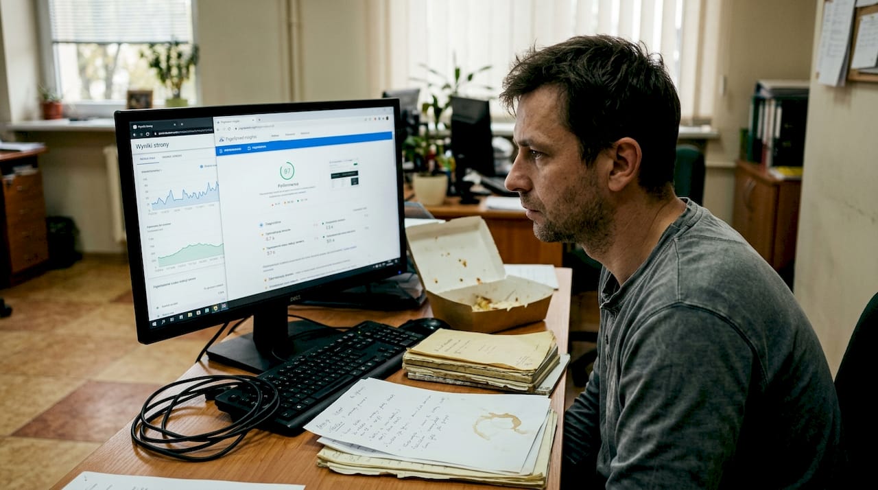 Mężczyzna analizuje techniczne aspekty SEO na swoim komputerze.