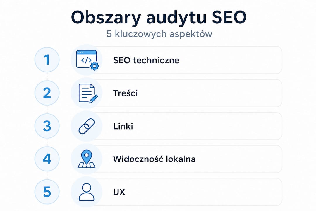 Infografika ukazująca 5 kluczowych aspektów audytu SEO