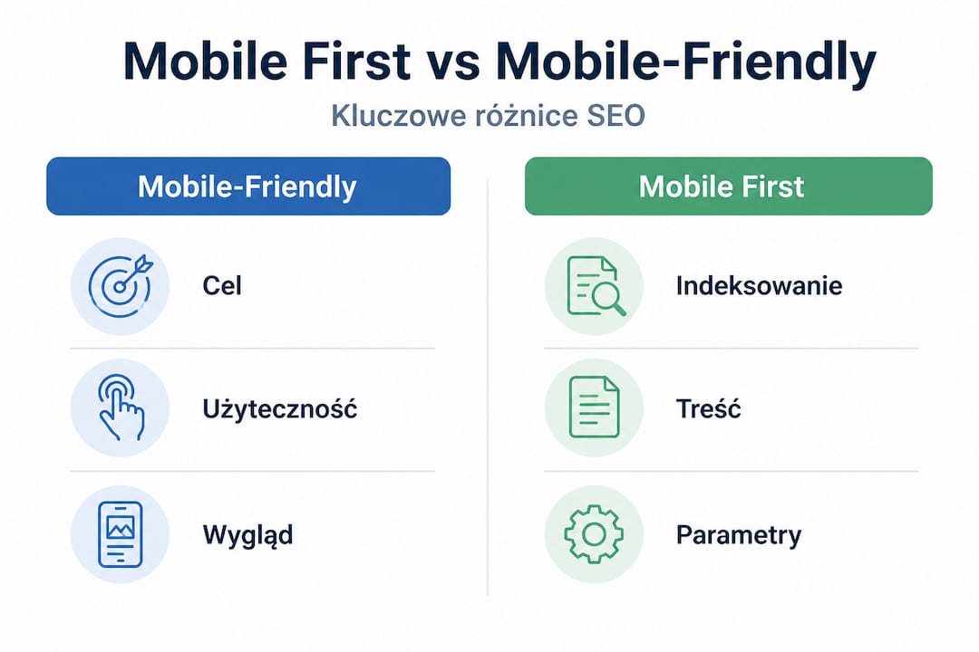 Infografika: różnice między stroną przyjazną dla urządzeń mobilnych a podejściem mobile first