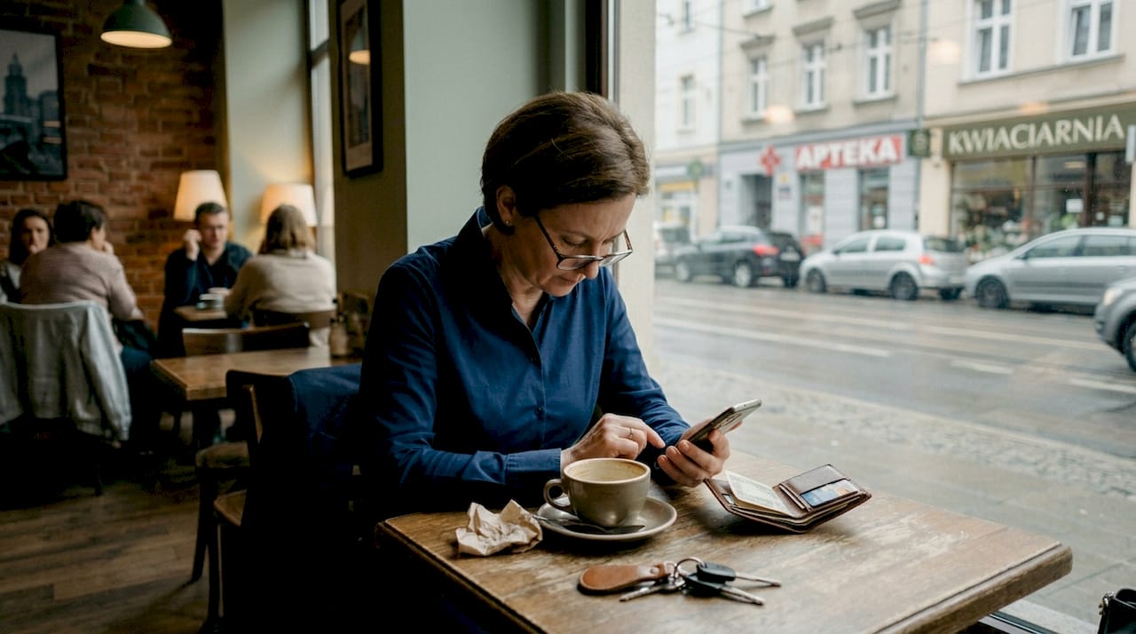 Siedząc w kawiarni, kobieta sprawdza, jak działa mobilna wersja strony internetowej firmy.