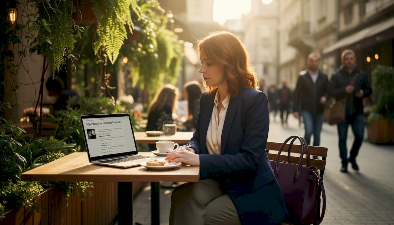 Bizneswoman odpisuje na opinie klientów w kawiarni.