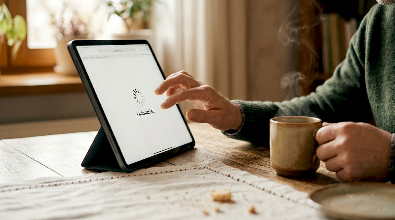 Osoba, która irytuje się, bo strona internetowa bardzo wolno ładuje się na tablecie