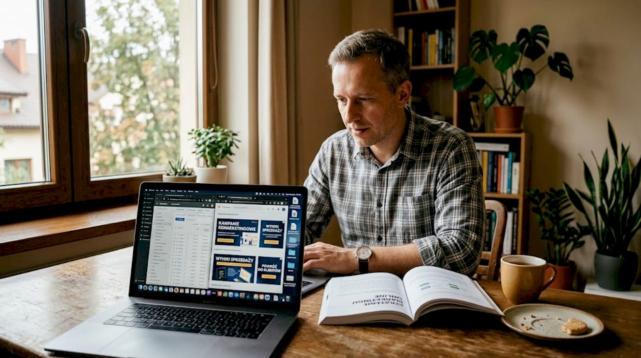 Mężczyzna w pracy przegląda reklamy, które śledzą go po internecie.