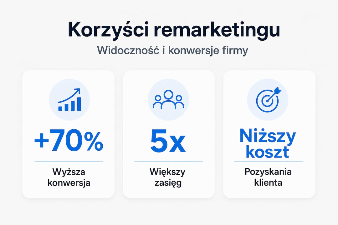 Infografika przedstawiająca zalety remarketingu oraz najważniejsze dane liczbowe