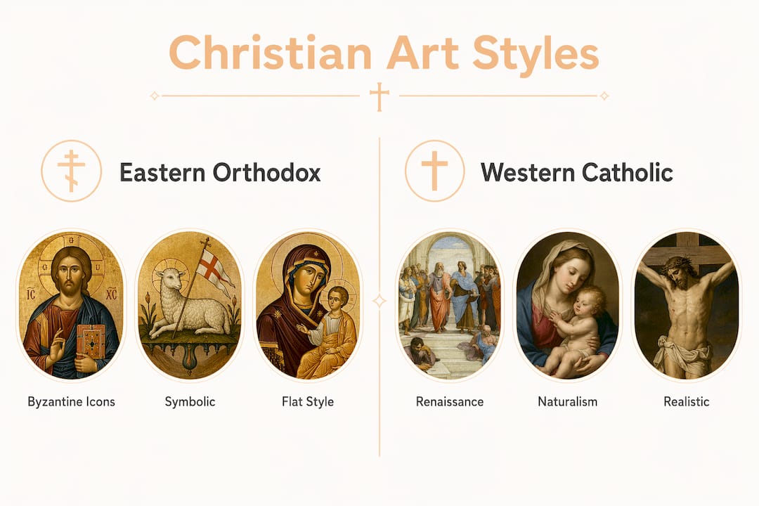 Infographic comparing Eastern Orthodox and Western Catholic Christian art styles