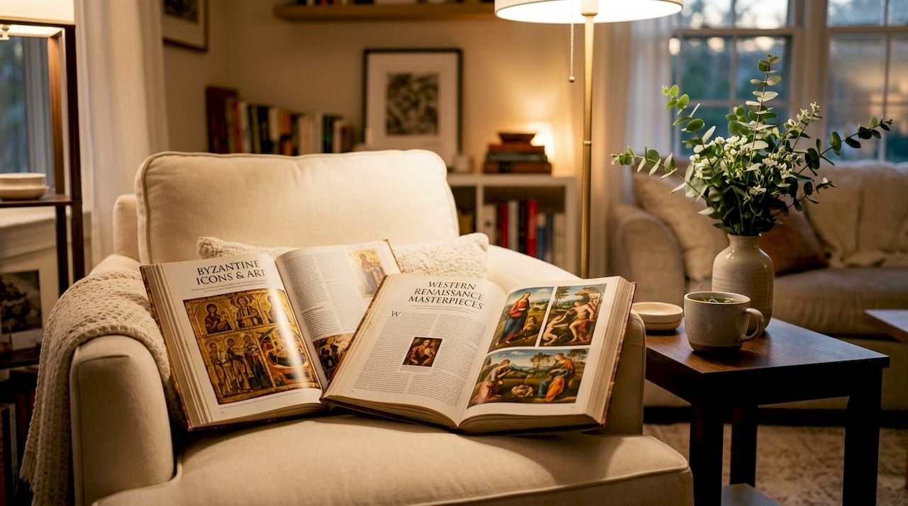 Open books displaying Byzantine and Renaissance Christian art