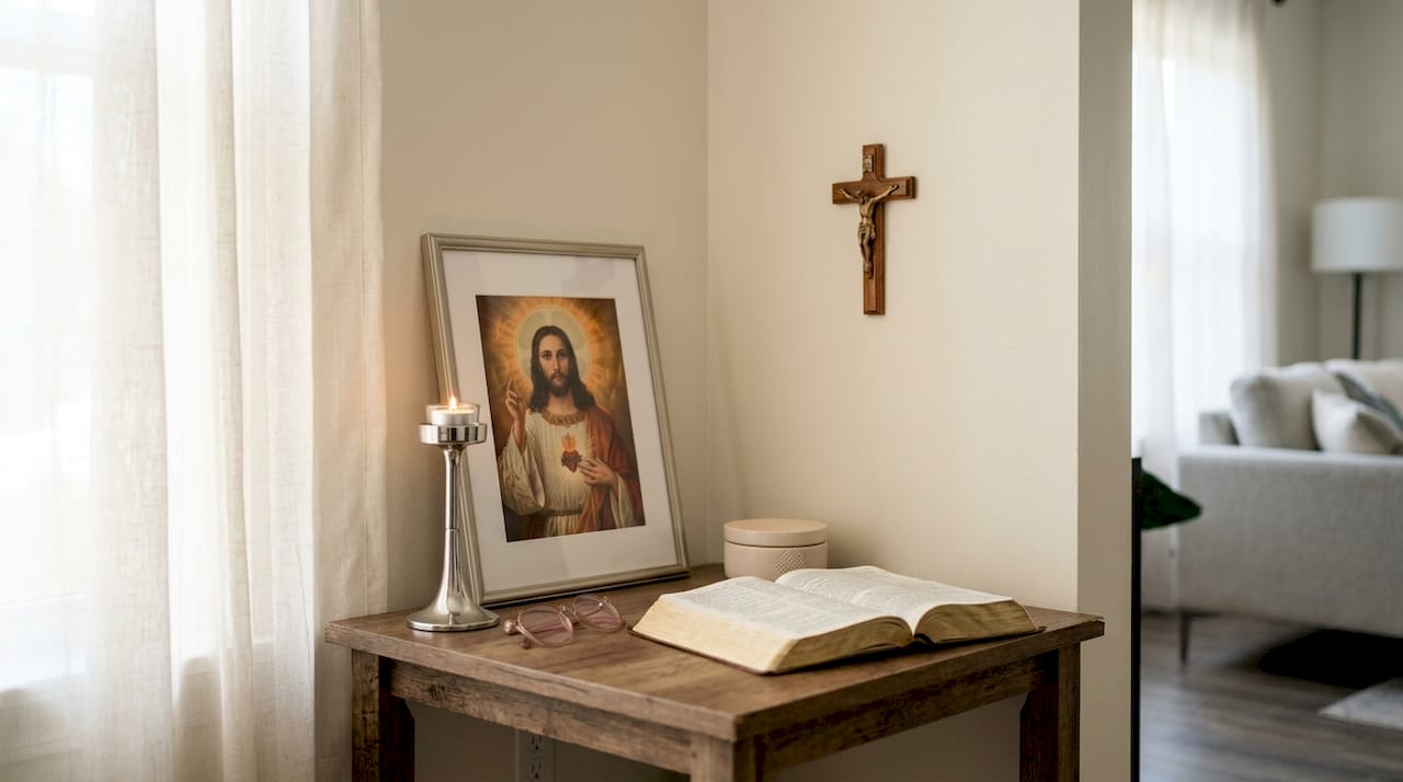 Home altar with Sacred Heart print and candle
