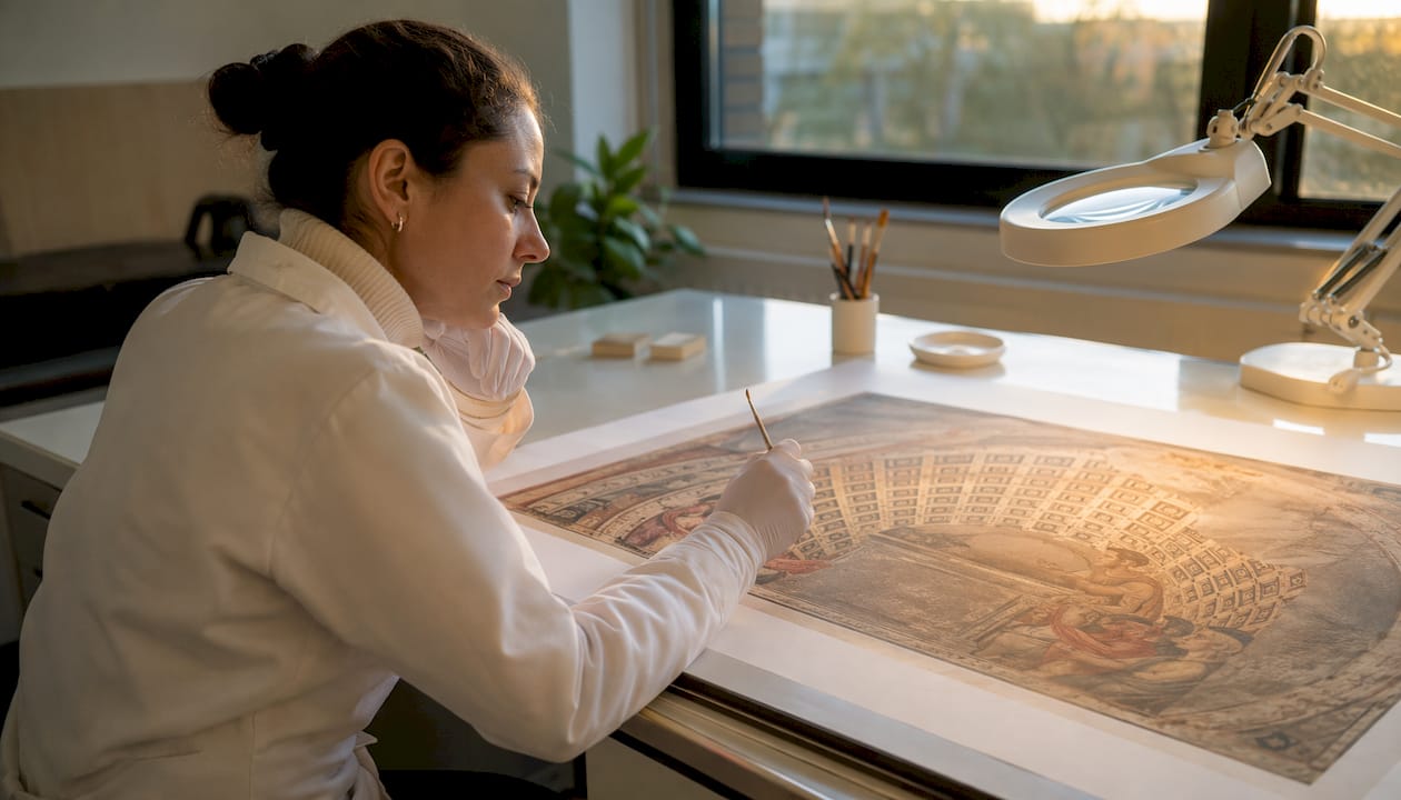 Conservator examining fresco reproduction details