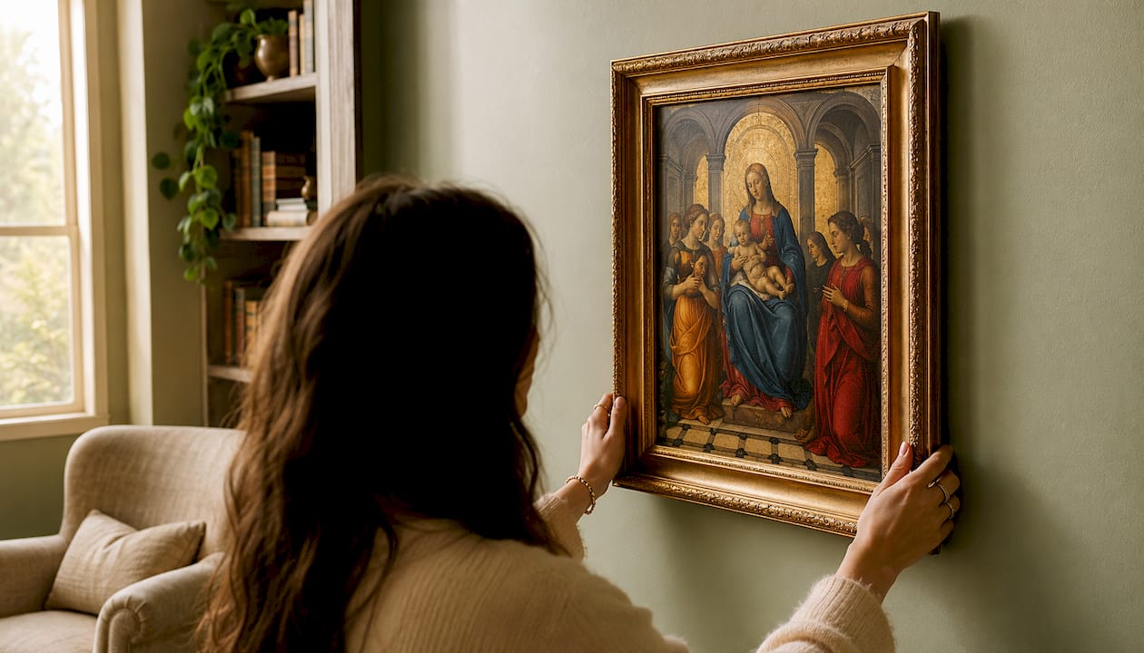 Hands adjusting traditional Christian canvas art