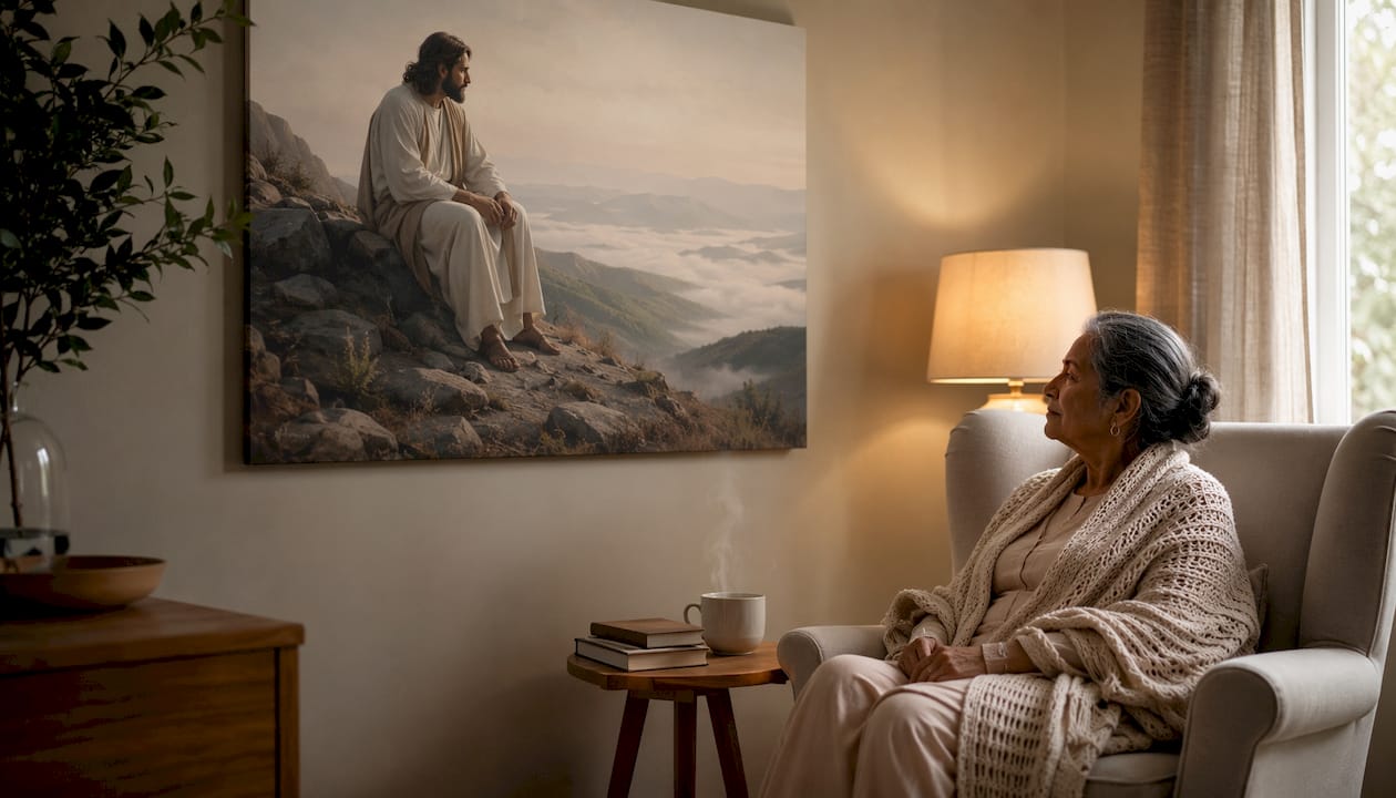 Couple viewing Christian scripture wall art at home
