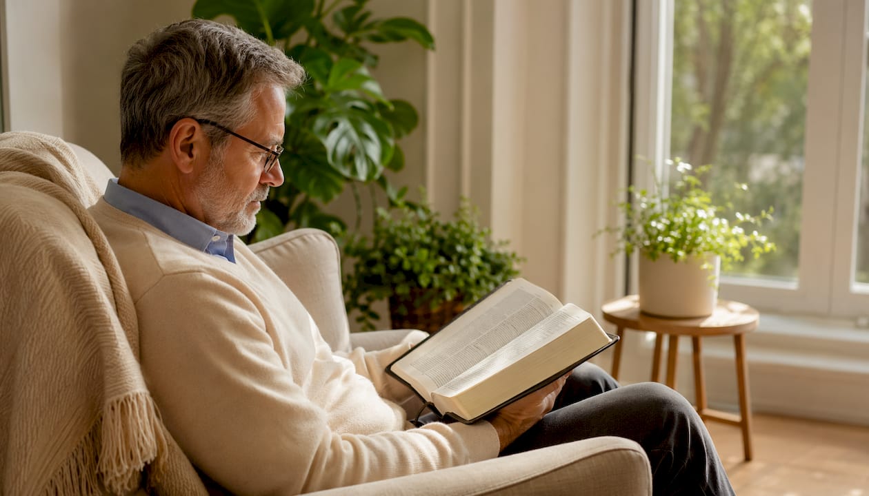 Man studying Bible passage about Jesus walking on water