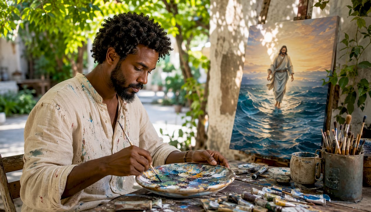 Artist mixing paint for Jesus canvas painting