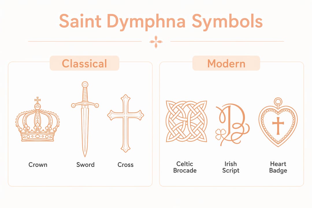 Infographic showing Saint Dymphna iconography symbols