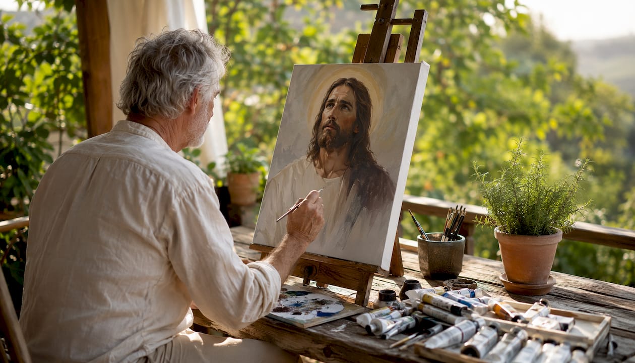 Hands painting devotional Jesus portrait in studio