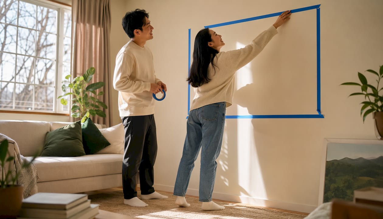 Couple measuring wall art size in bedroom