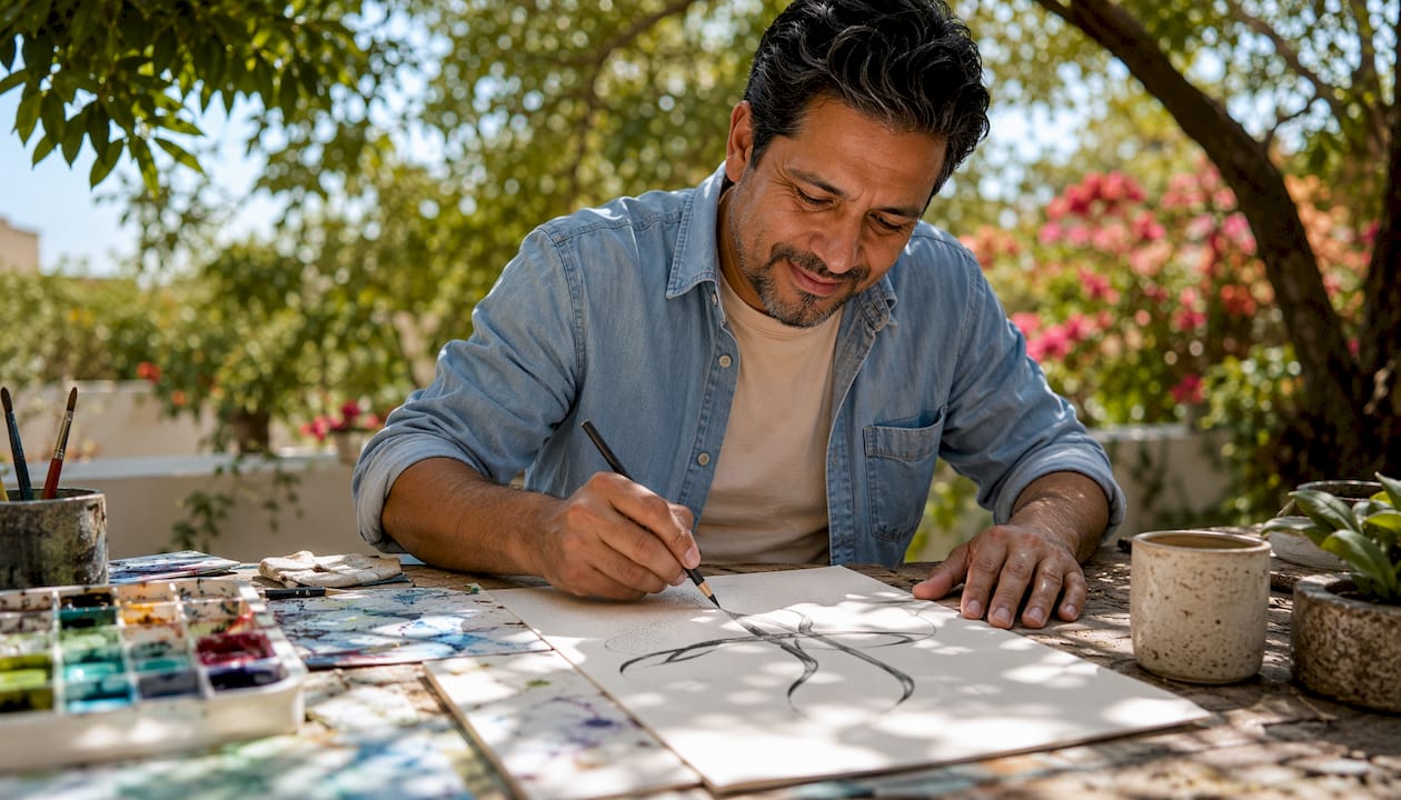 Artist sketching minimalist Christian calligraphy artwork
