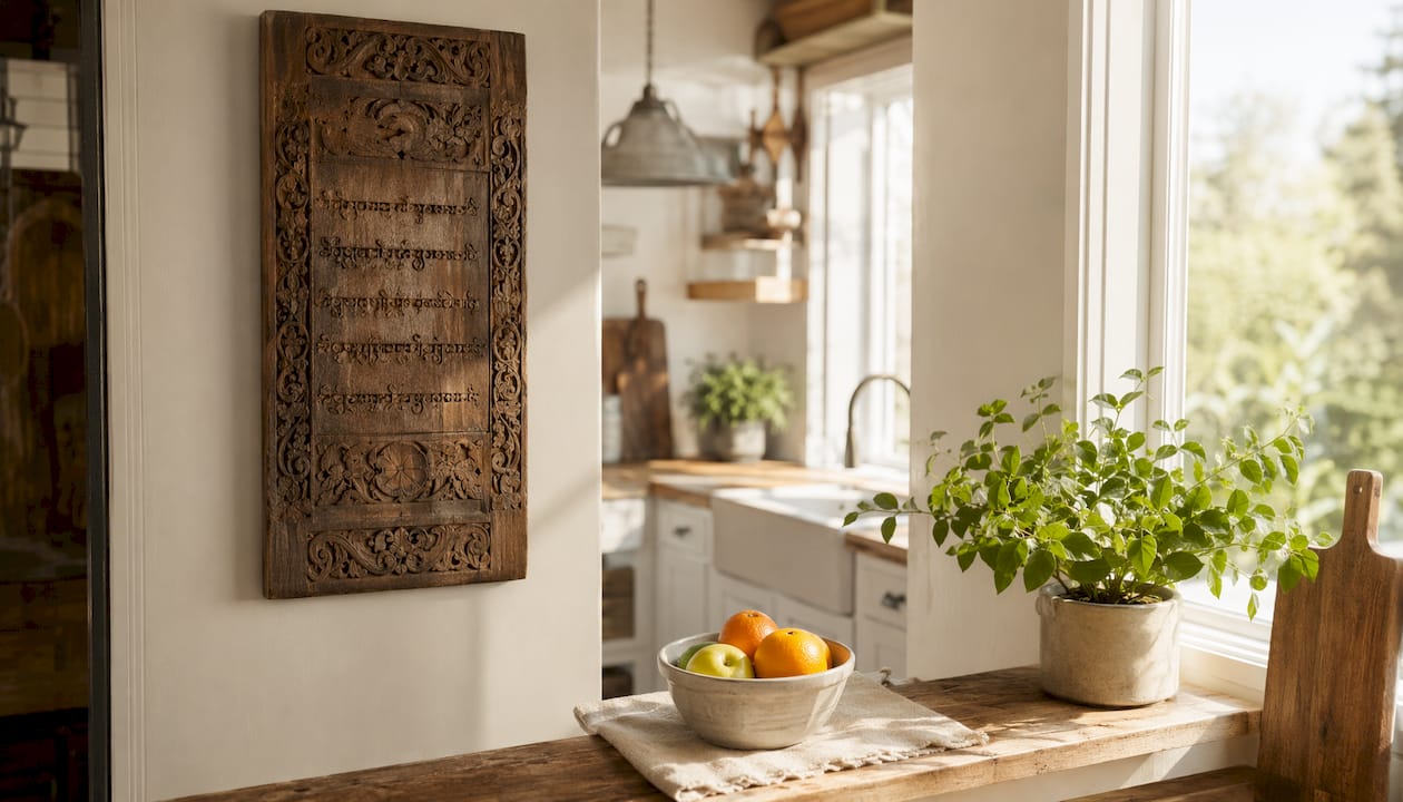 Rustic wooden Christian plaque on kitchen shelf