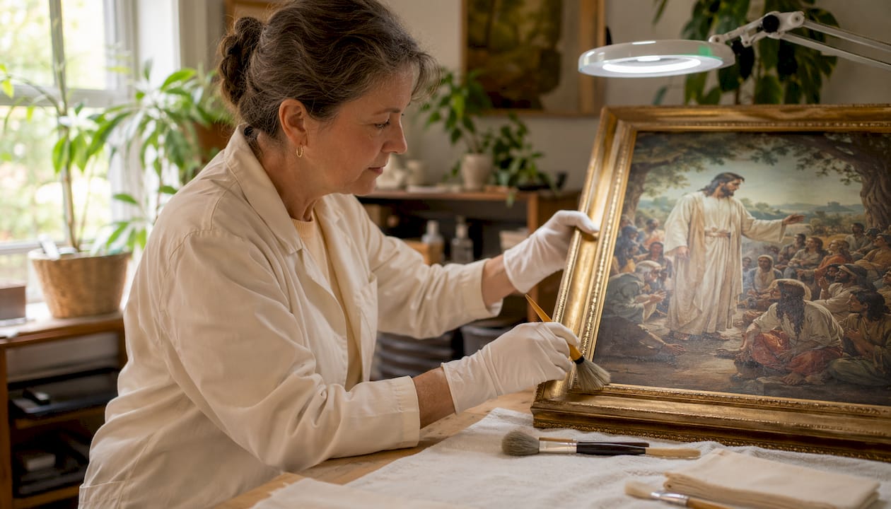 Conservator cleaning large Christian wall art canvas