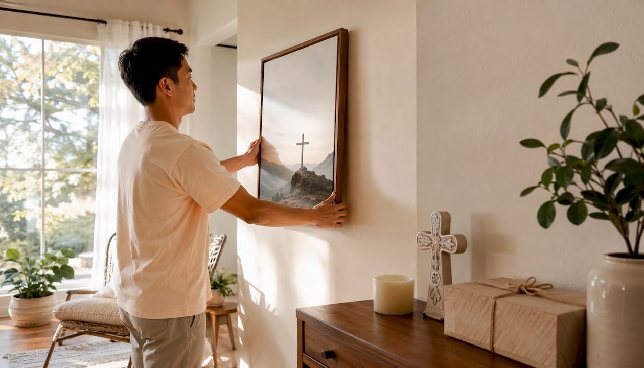 Man placing framed Christian wall art in bedroom