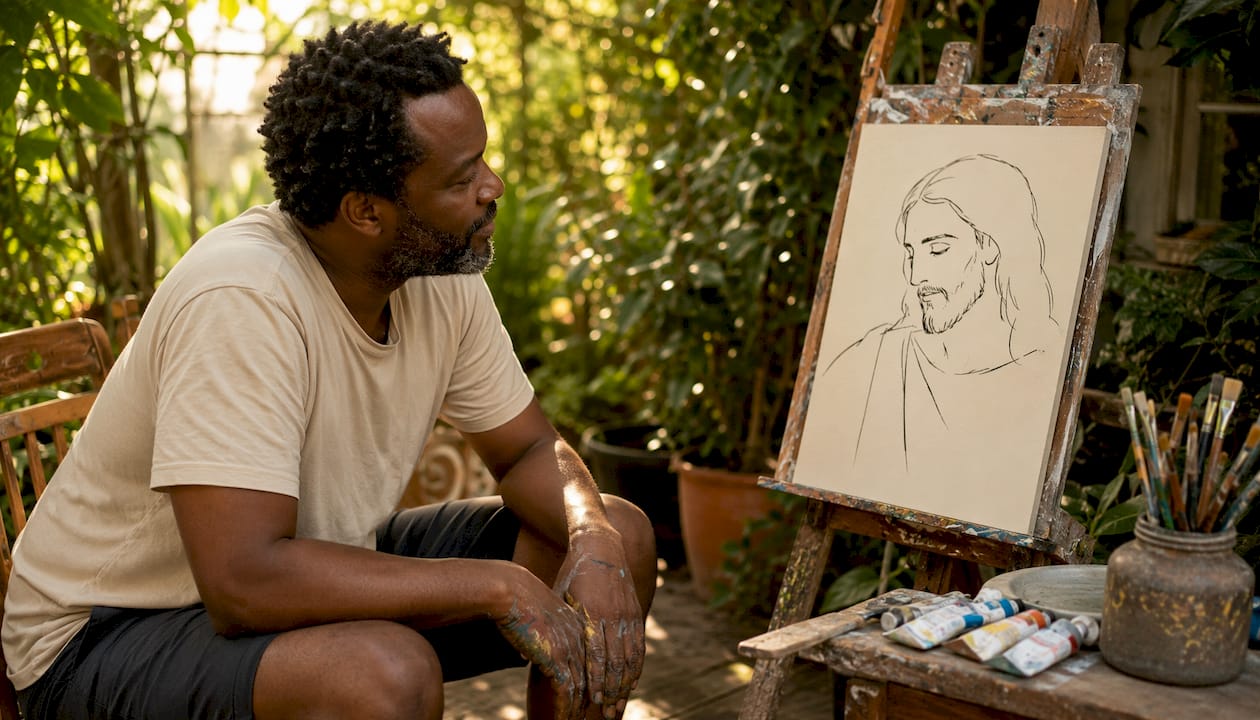 Artist examining minimalist Jesus line art in studio