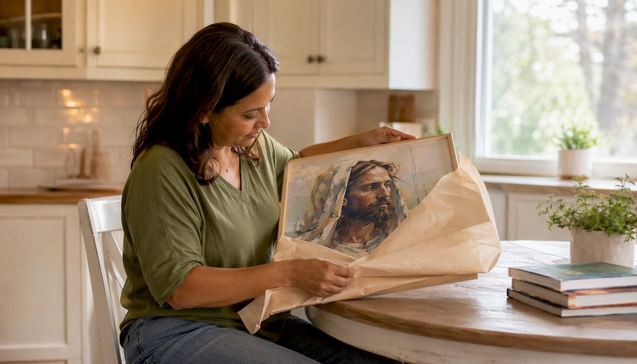 Woman unwrapping framed Jesus art gift at home