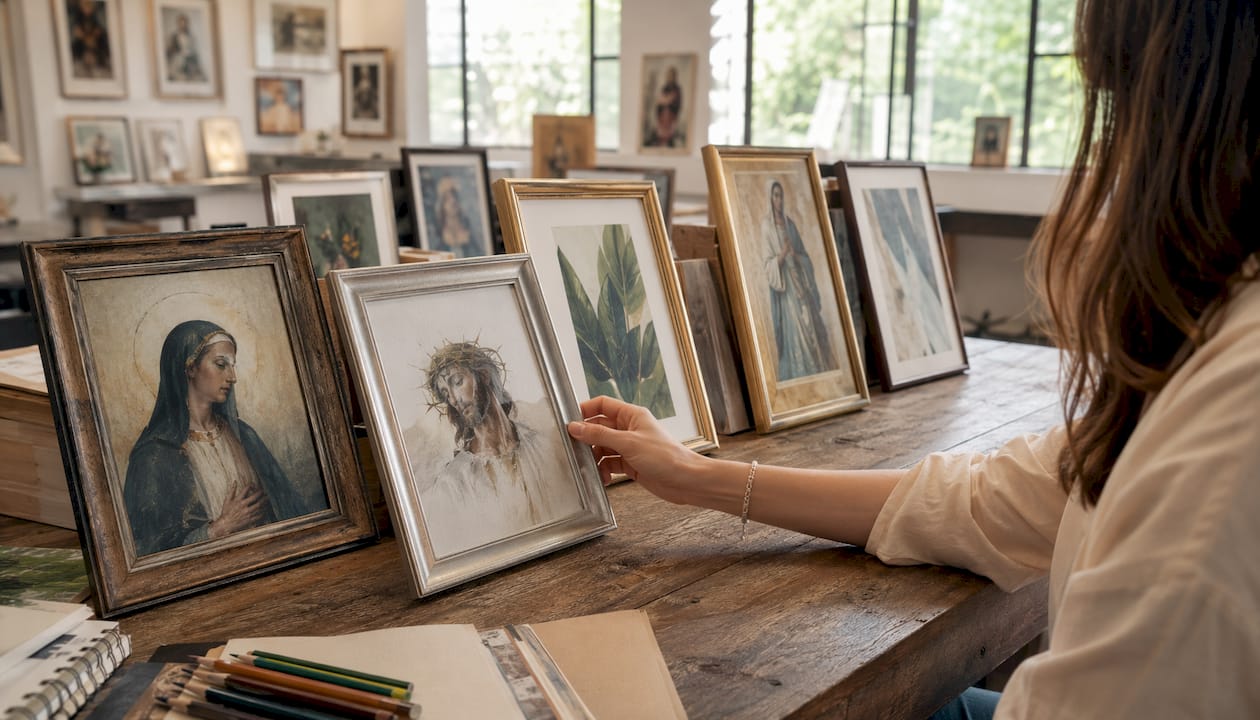 Overhead view of diverse framed Christian art samples