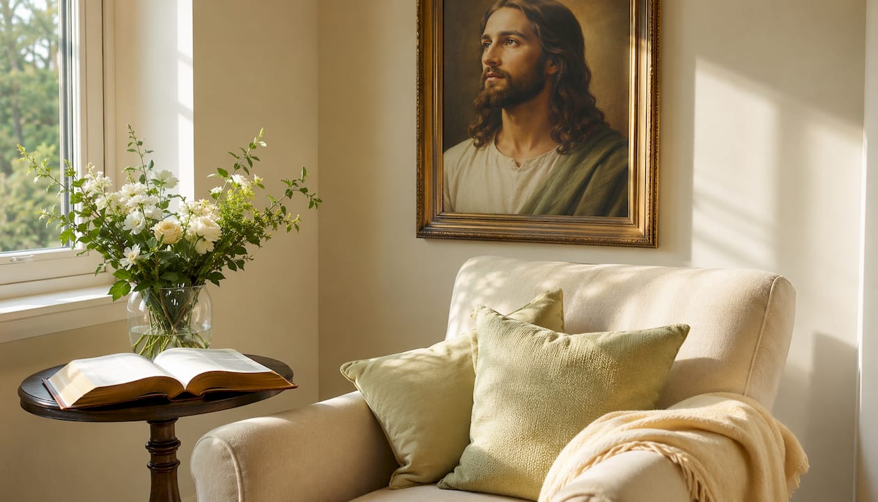 Classic Jesus portrait in bedroom setting