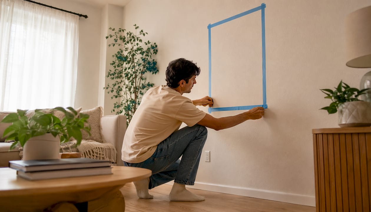 Man marking wall dimensions with painter's tape