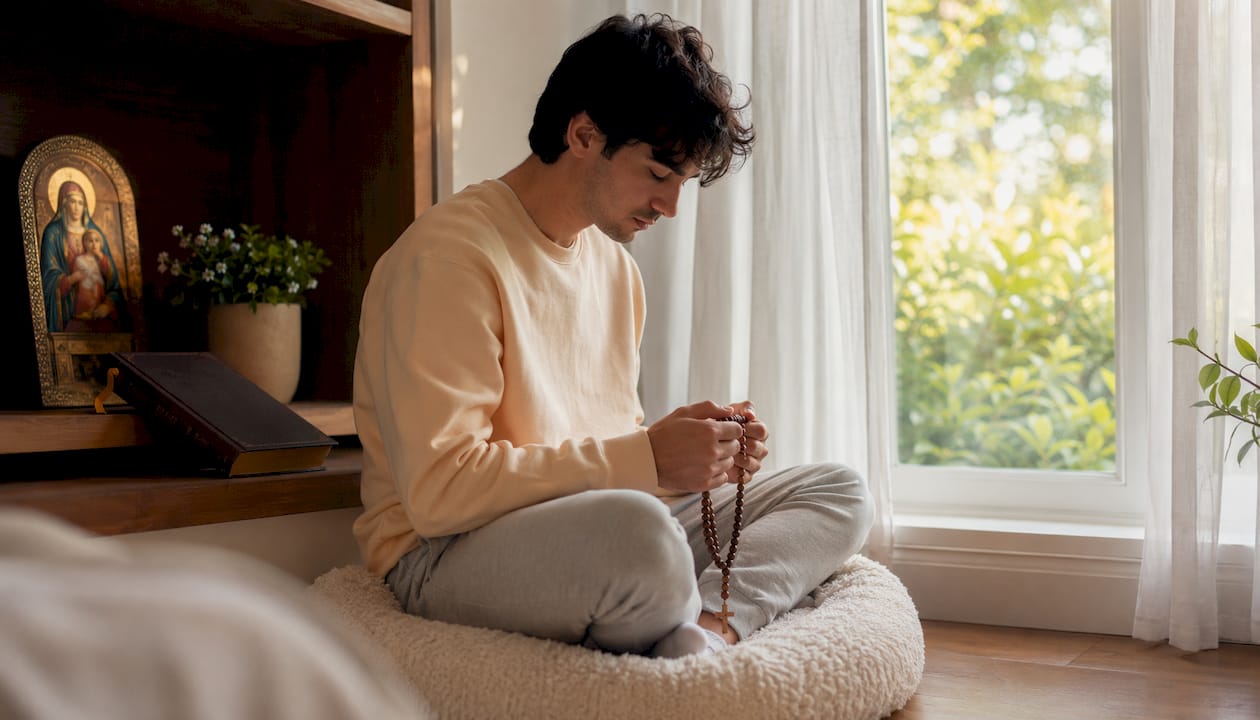 Young man praying by window in prayer corner