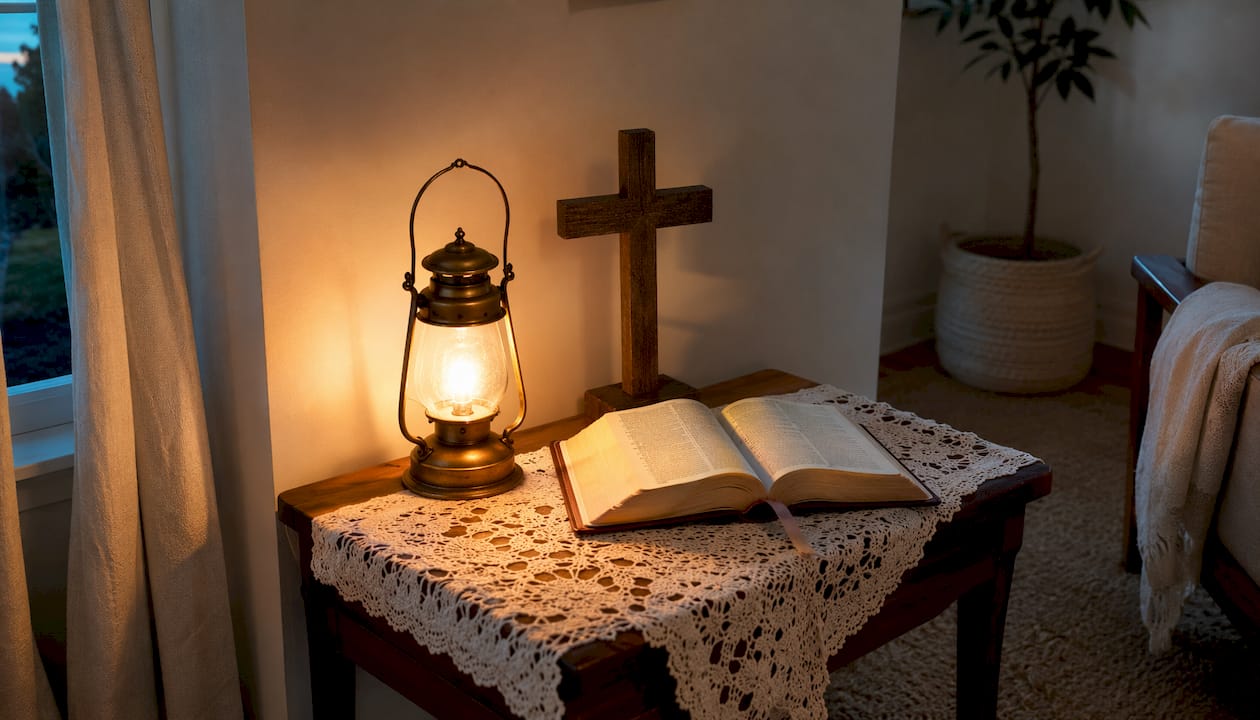 Warm lamp illuminating home prayer altar