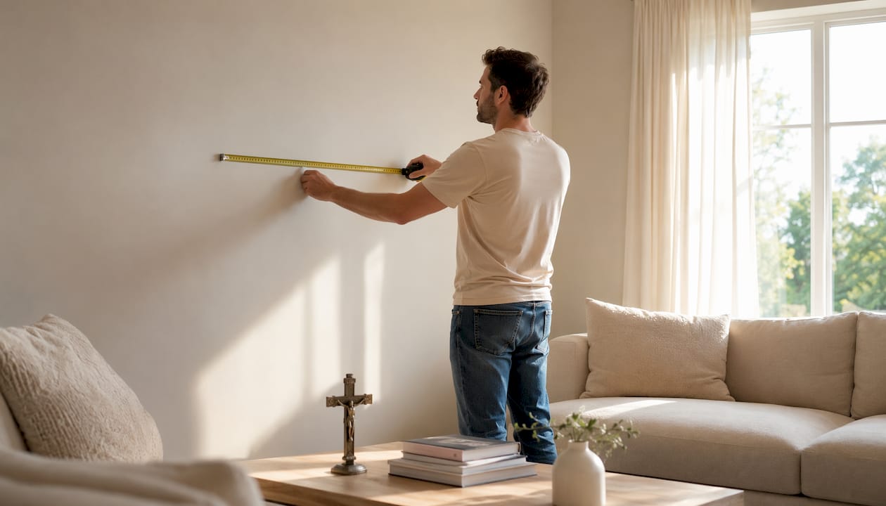 Man measuring wall for Christian art print placement