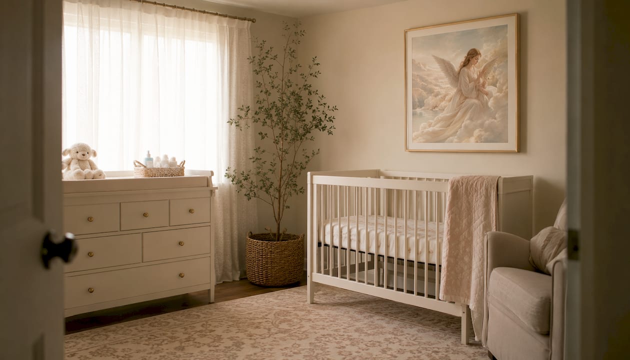 Soft angel art print above nursery crib