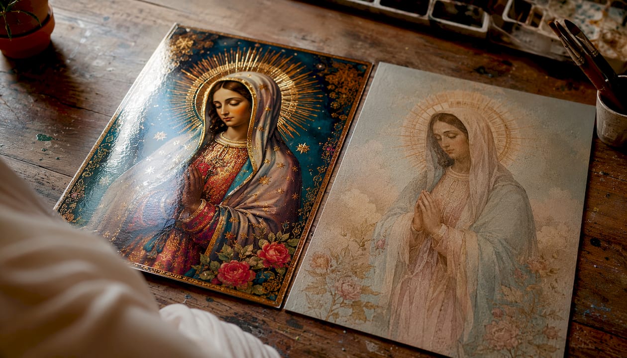 Close-up of luster vs matte religious art finishes