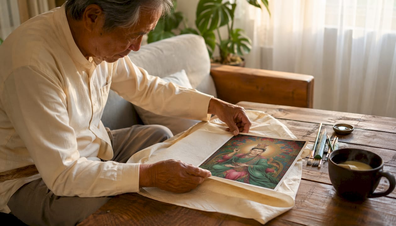 Hands holding patron saint print over desk