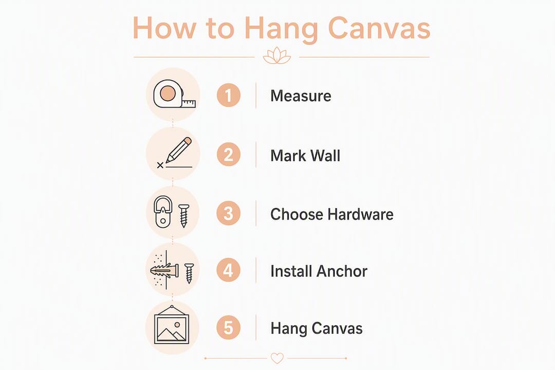 Infographic showing step-by-step canvas hanging process